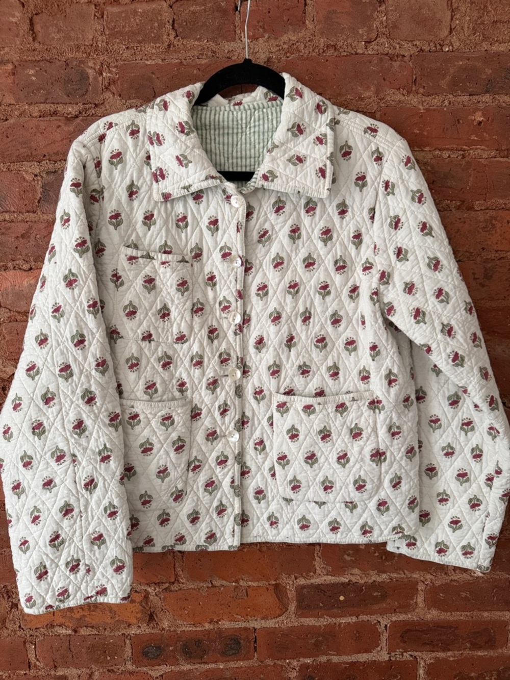 Quilted Floral Button-Front Jacket - White with Bright Maroon Print